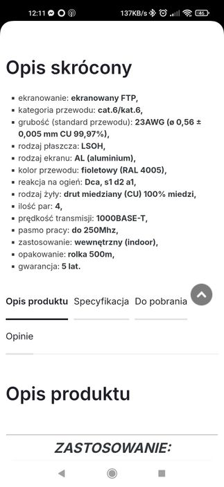 Przewód sieciowy Solarix CAT6 FTP LSOH 20m