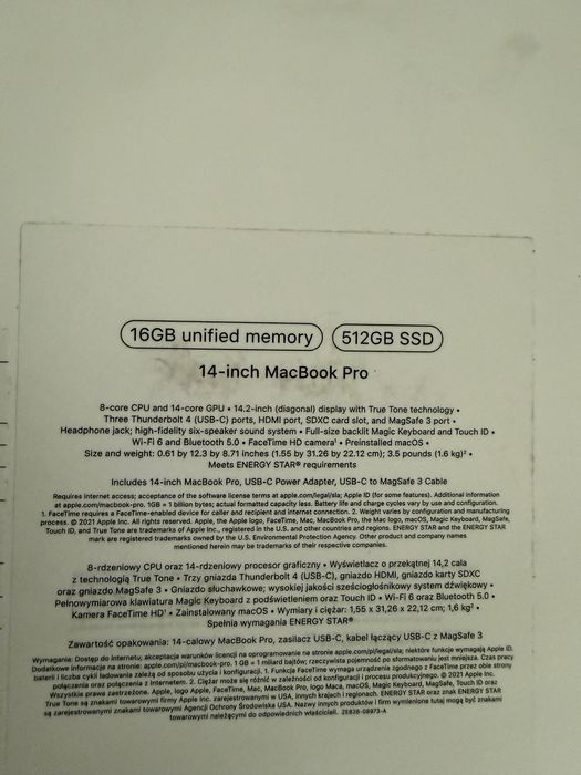 MacBook Pro M1 14 cali, rok 2021 /16GB/ 512 GB/ 90% Bateria
