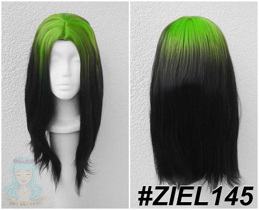 Peruka czarna zielony odrost z przedziałkiem Billie Eilish cosplay wig