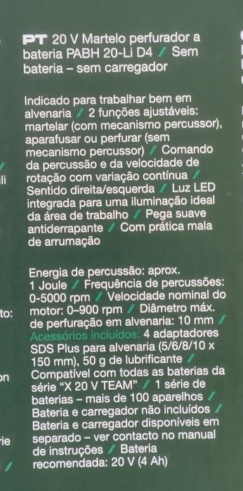 Martelo perfurador a bateria 20V Parkside