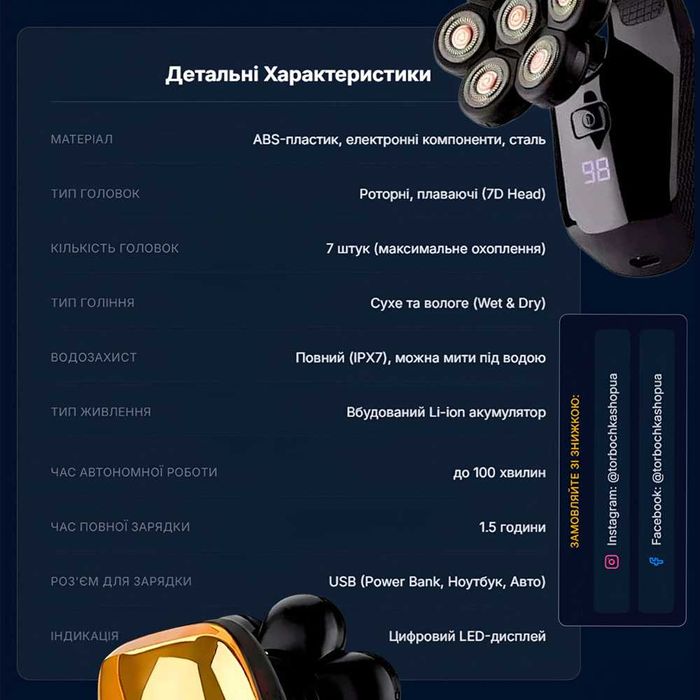 Електрична бритва 5в1 з плаваючими головками 7D для чоловіків