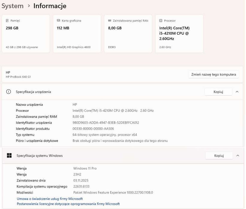 HP ProBook 640 G1 Win 11Pro Intel Core i5 4x2,6GHz 8GB DDR3L 320GB P-ń