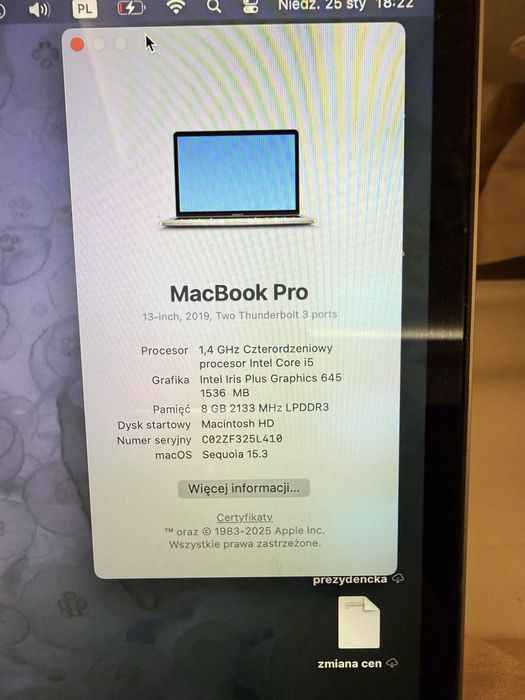 Apple Macbook Pro 2019 13 cali 250GB touch bar