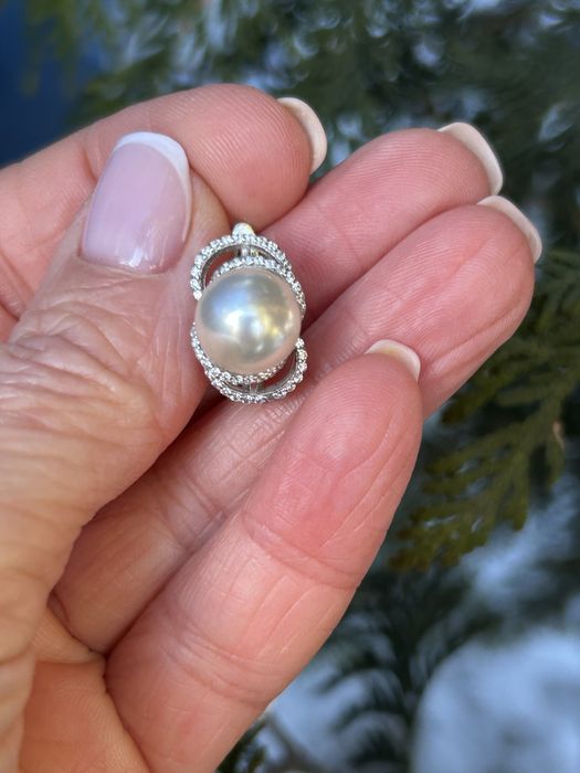 Новий срібний набір з перлинами, сережки + каблучка