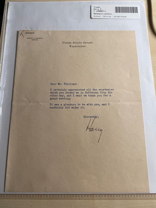 Harry S. Truman - 33. prezydent USA - list z autografem jako senator
