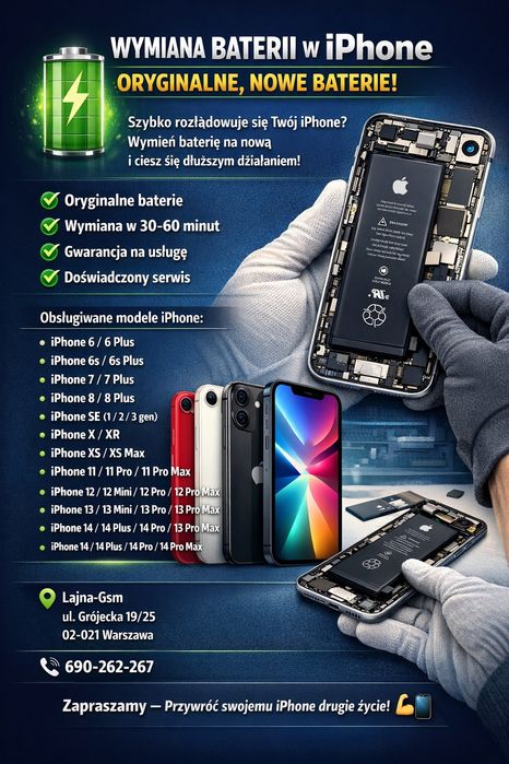 Wymiana naprawa iPhone bateria od 7 do 16 pro Max / Nowe każdy model !