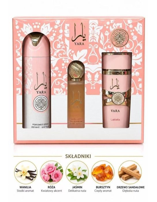 Zestaw perfum Yara Lattafa – perfumy, spray i miniaturka, 3 szt