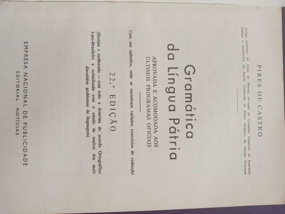 Gramática da Língua Pátria 22 edição Pires de Castro anos 60/70