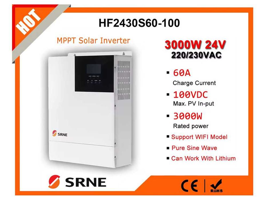 Гібридний сонячний інвертор SRNE 3.0KW 24V на 220/230V - Кращий вибір!