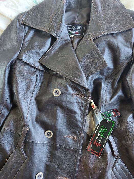 NOWY Skórzany Płaszcz Trencz Vintage MODA PELLE Made in Italy Vera Pelle
