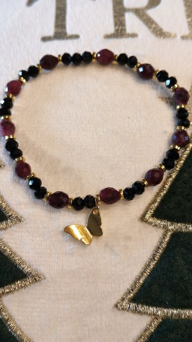 Bransoletka z naturalnych kamieni Granat, Kwarc czarny