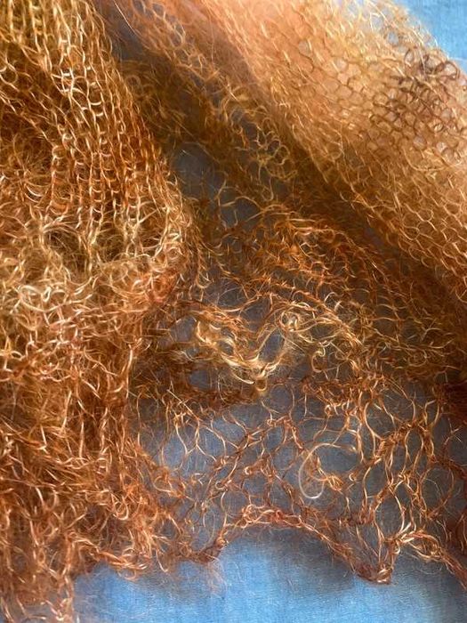 Szal mgiełka unikat etno handmade ombre kid silk ażur 60x180 ecru beż