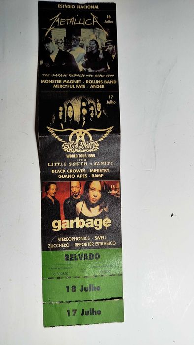 Bilhete de concerto antigo - Metallica, Aerosmith e Garbage