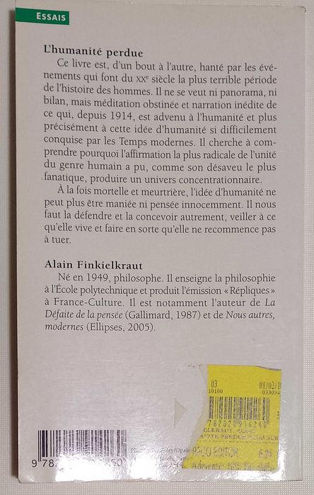 L'humanité perdue - essai sur le XXe siècle, Alain Finkielkraut
