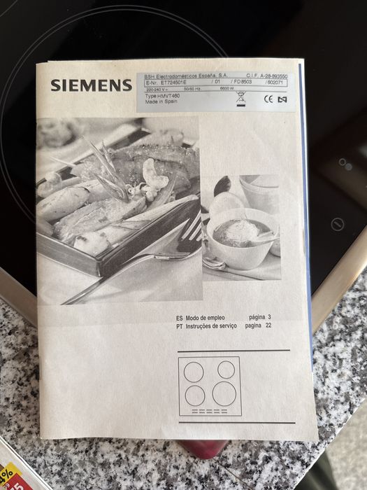 Siemens Placa de Vitroceramica: Modelo ET724501E - 4 Zonas - 60 cm - Preto - Por Estrear