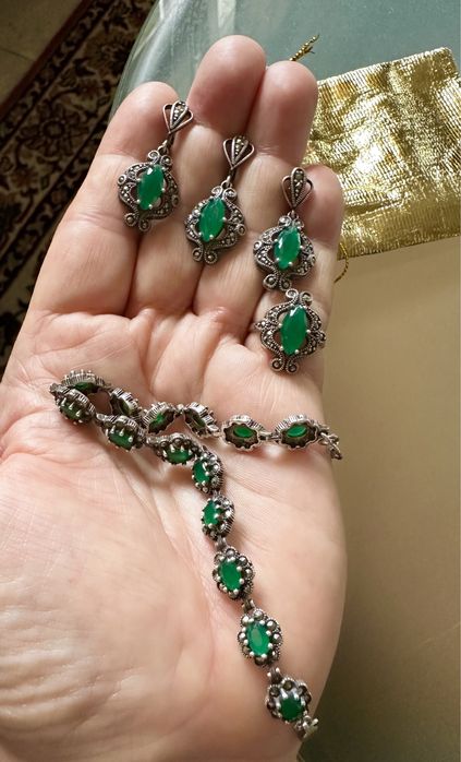 Srebrna biżuteria ze szmaragdami komplet bransoleta itd cudo!