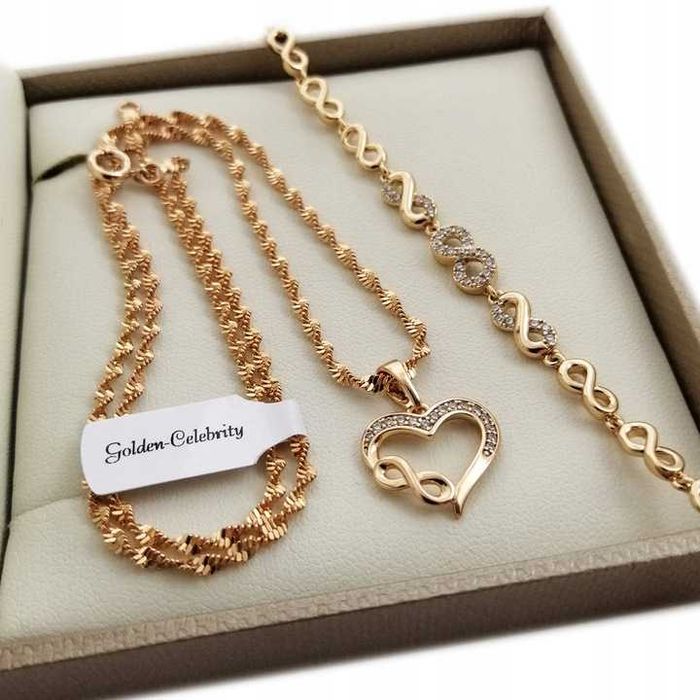 Piękny pozłacany komplet biżuterii nieskończoność 50cm 18k GWARANCJA