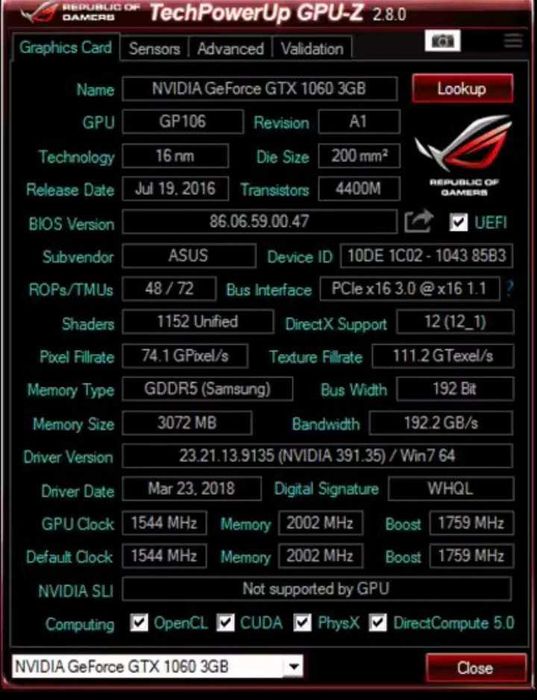 Відеокарта Asus Geforce  GTX 1060 3Gb