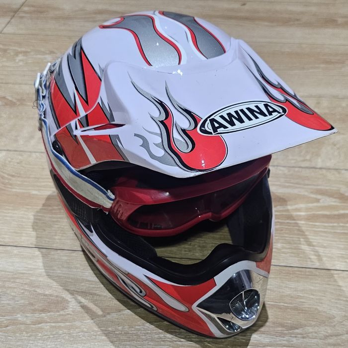 Kask crossowy enduro AWINA biało czerwony + google