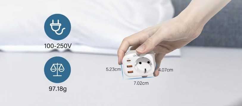LENCENT gniazdko ładowarka 4 w 1, 2x USB-A, 1x USB-C Pd,