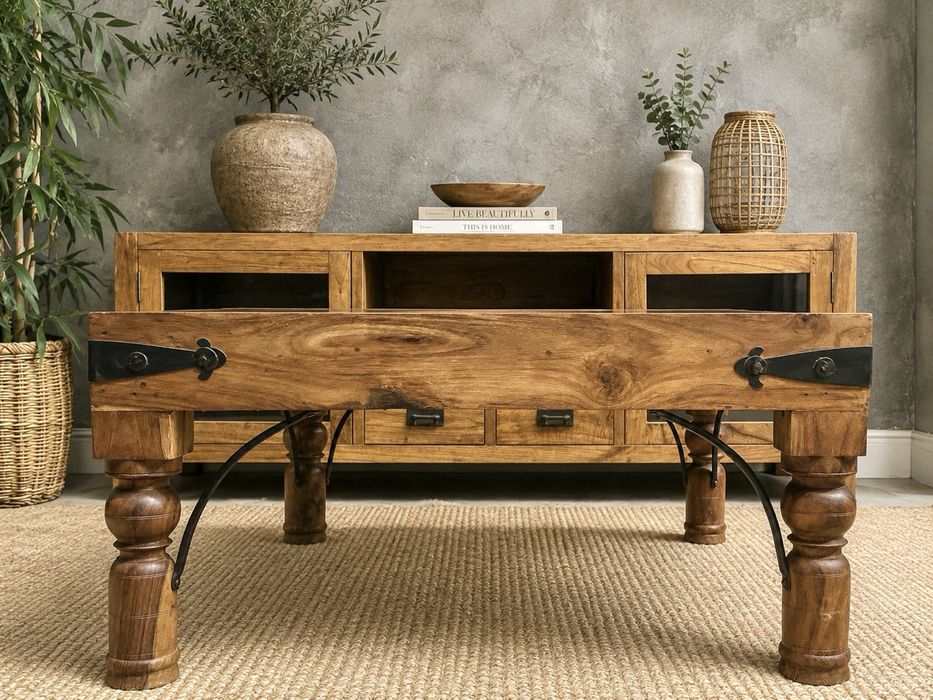 mesa centro apoio aparador teca ferro oriental indiana rustica