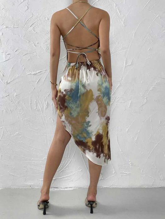 sukienka asymetryczna satynowa S wesele midi odkryte plecy wiązane