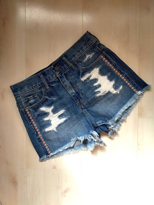 boho szorty jeansowe wysoki stan xs haft strzępione przecierane dziury