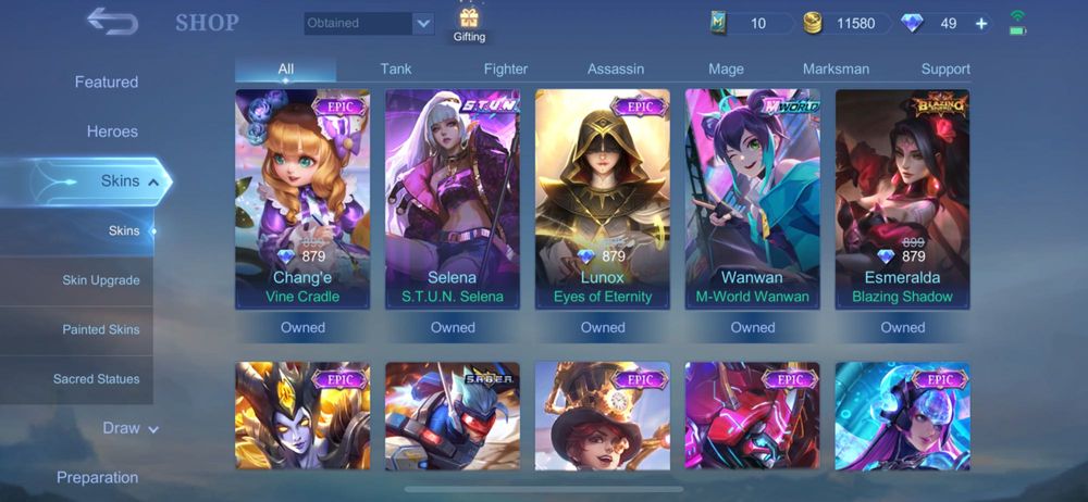 Аккаунт mlbb 144 скіни , всі скіни на селену окрім abyss , коф госен