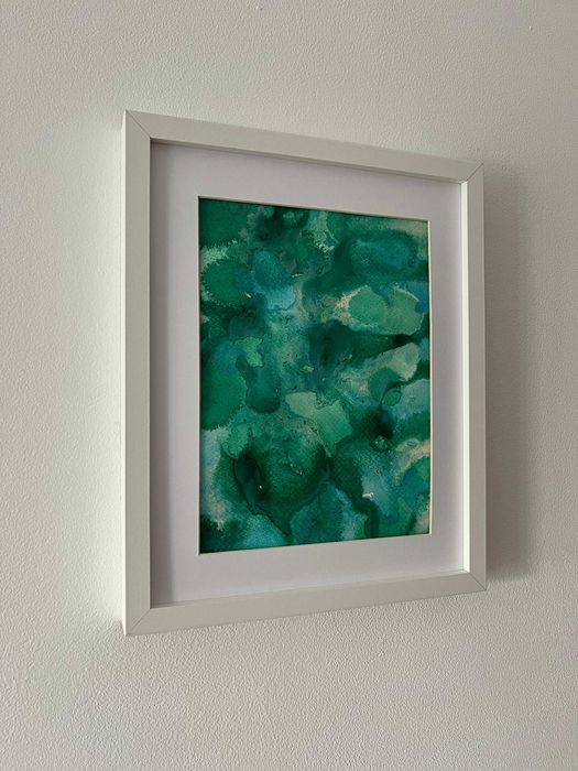 Pintura abstrata em acrílico em tons de verde e azul