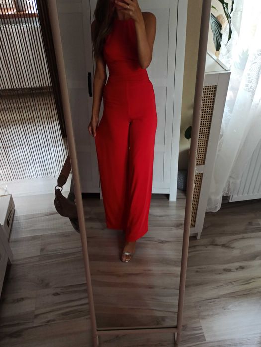 Kombinezon czerwony elegancki kobiecy długi XS odkryte plecy