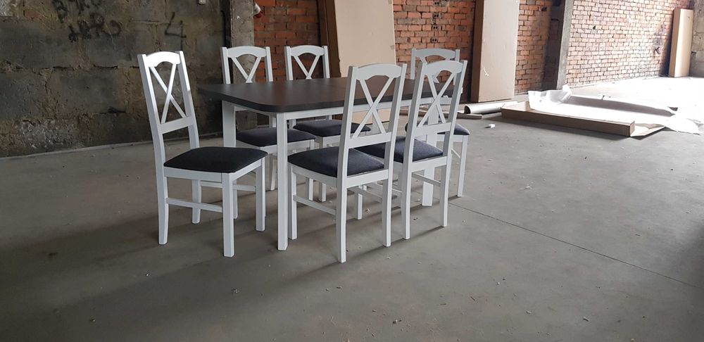 Nowe : STÓŁ + 6 KRZESEŁ, biały/blat grafit + grafit ( KRZYŻ )