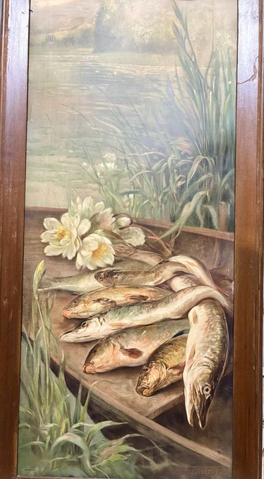 Grande antigo quadro com litografia sobre cartão motivo peixes / pesca