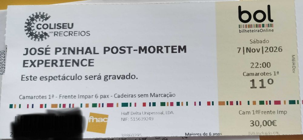 Bilhetes concerto 7 novembro Lisboa José Pinhal post mortem experience