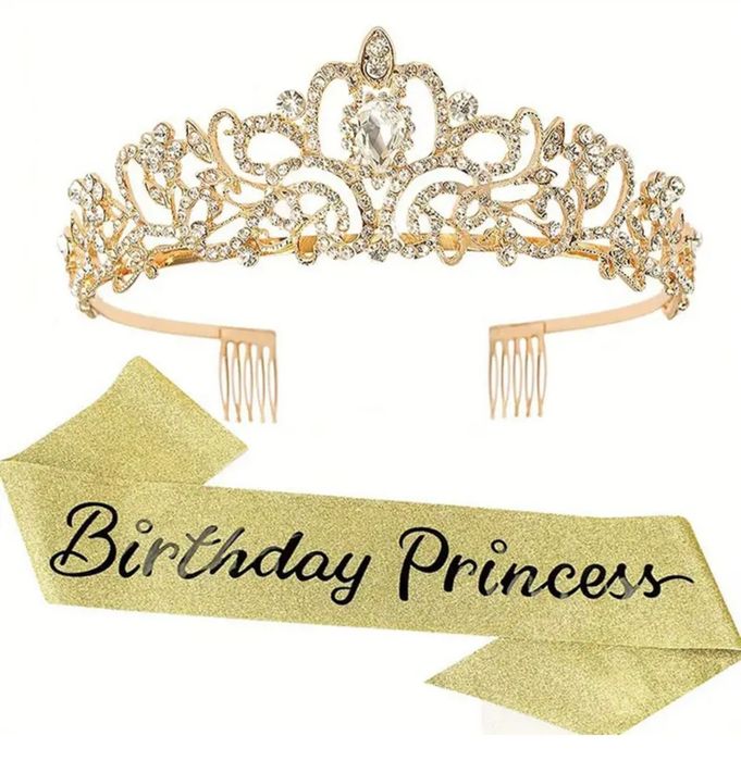 Szarfa korona na urodziny urodzinowy zestaw Birthday Princess 18tka złota