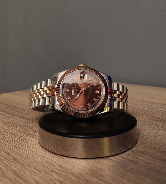 Seiko MOD Datejust Brązowy Diamenty Srebrny Rose Gold Custom Nowy