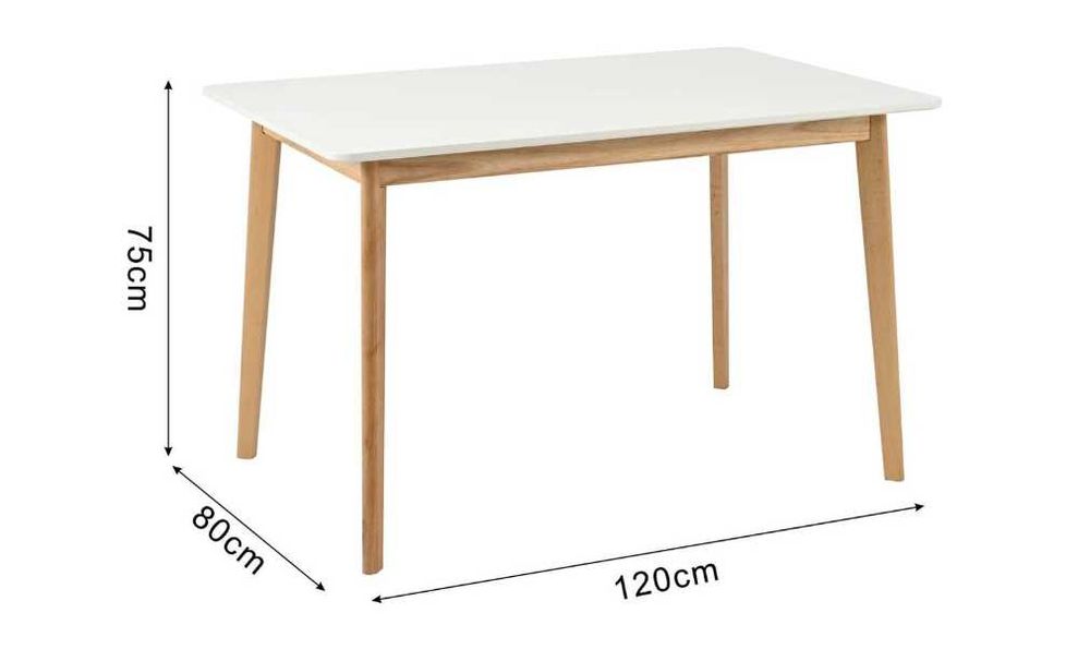 Mesa, tampo branco e pernas de madeira