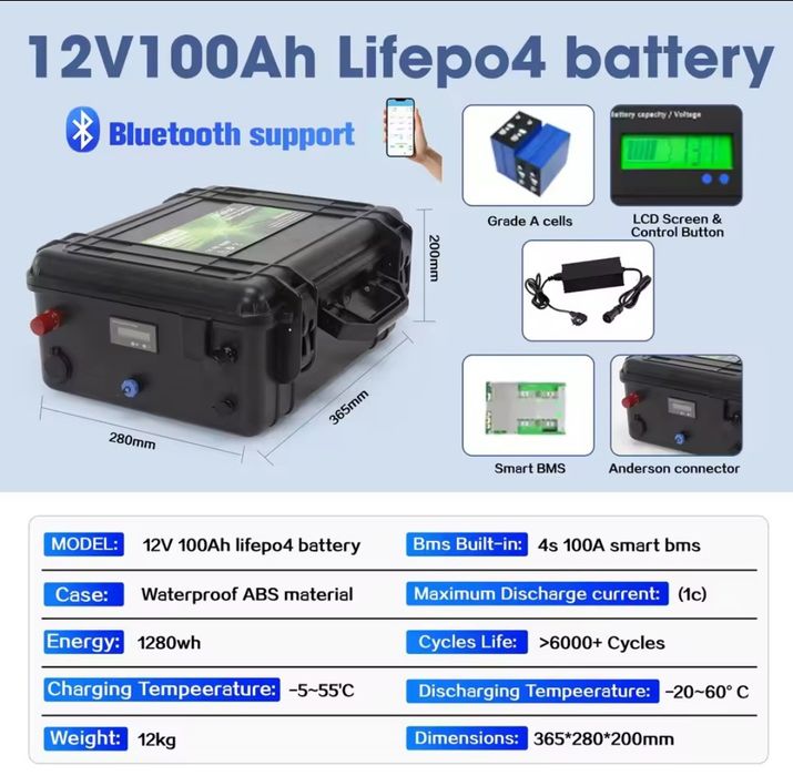 Bank energii LifePO4 12V 100Ah  bluetooth apka