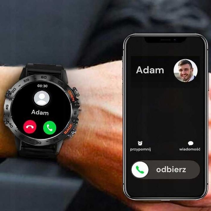 NOWY Smartwatch męski 360x360 rozmowy PL menu IP67 + Szkiełko ochronne