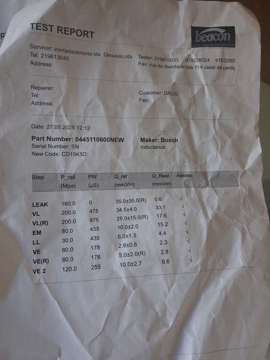 Injetores bosch Identificação da Peça
Número de Peça Bosch: 0 445 110 800.
Referência OEM (Renault/Dacia): 16 60 074 27R.
Código de Calibração (IMA):