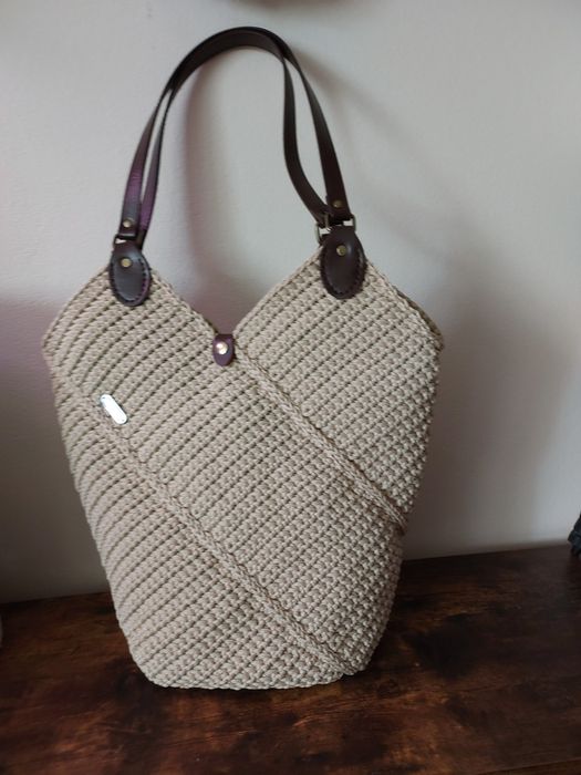 Duża Shoperka beżowa brąz na szydełku sznurek Oryginalna torebka torba