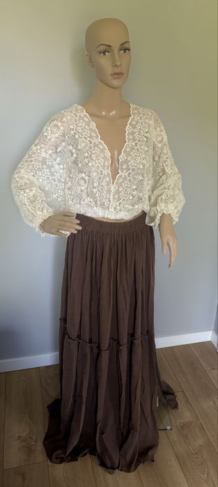 Dwuczęściowa suknia do sesji ciążowej, brąz i koronka boho rustykalna