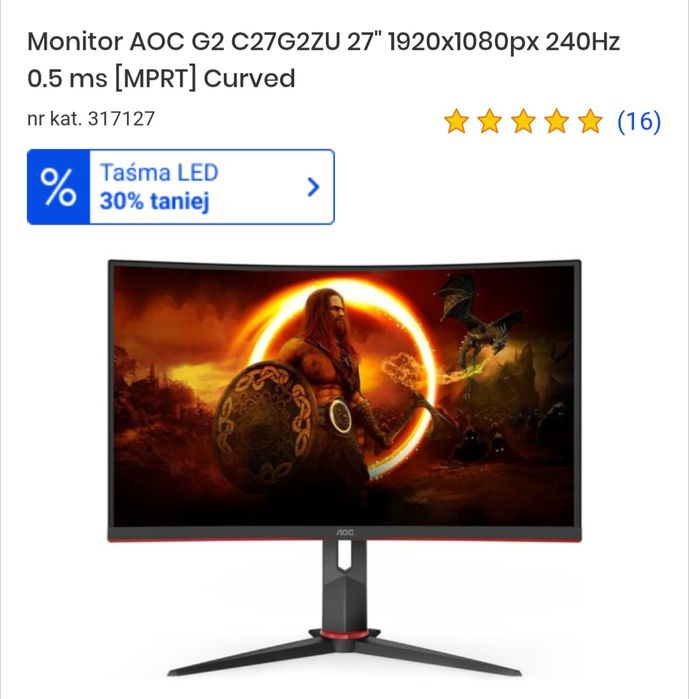 Sprzedam Monitor AOC C27G2ZU Bardzo mało używany w stanie idealnym  240Hz  1920 x1080 FullHD + wbudowane 2 głośniki + Gwarancja jeszcze  Rok