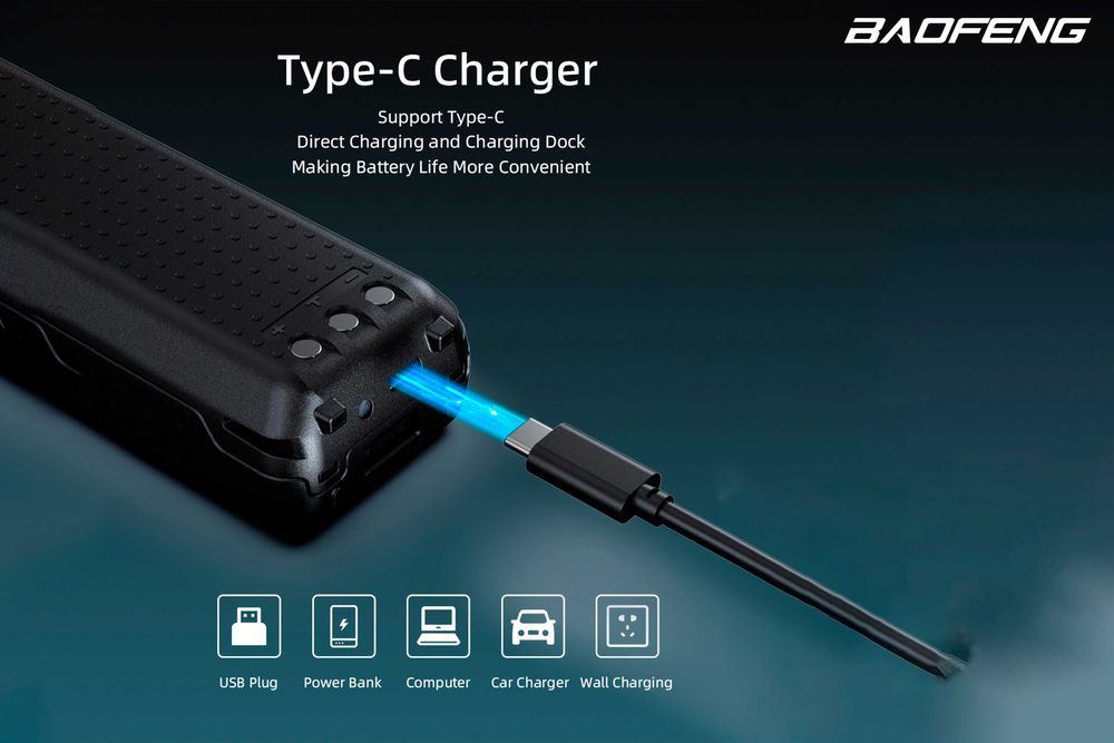 Rádio Baofeng 999 canais 10watts carregamento USB tipo-c