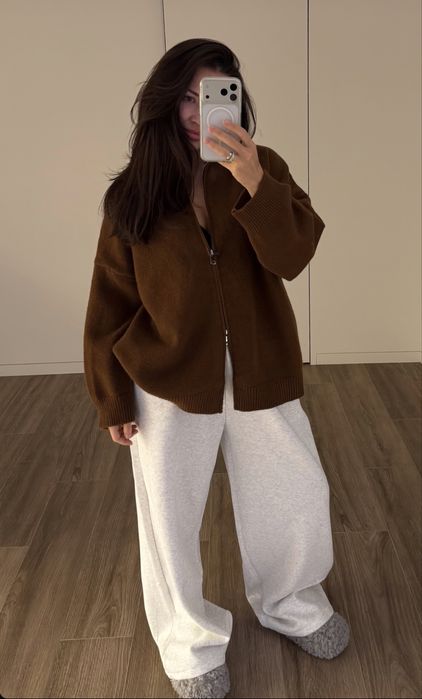 Вʼязаний кардиган оверсайз на блискавці, шоколадний, тепла кофта