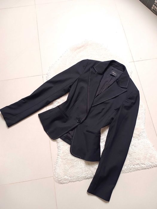 Elegancka Krótka Marynarka XS/S Wełna Białe Obszycie Chanel Style