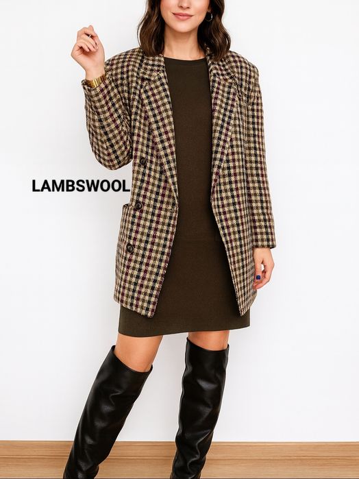 Płaszcz Australia lambswool wełniany jagnięca 38 pepitka krata klasycz