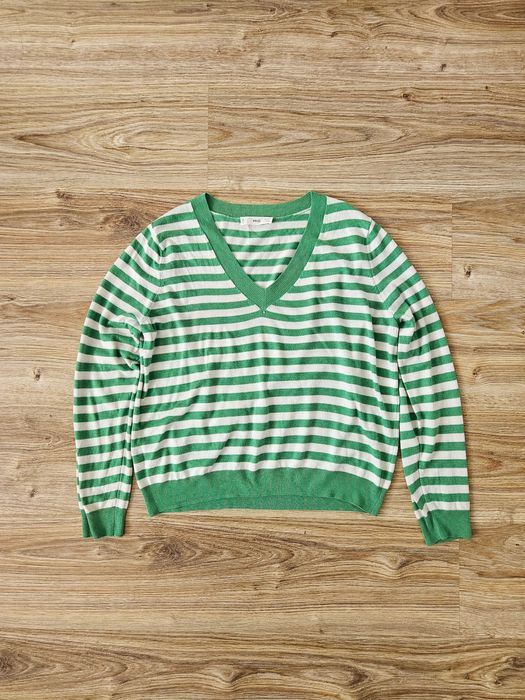 Sweter lekki w paski zielony biały dekolt w serek V długi rękaw luźny wiskoza M L XL