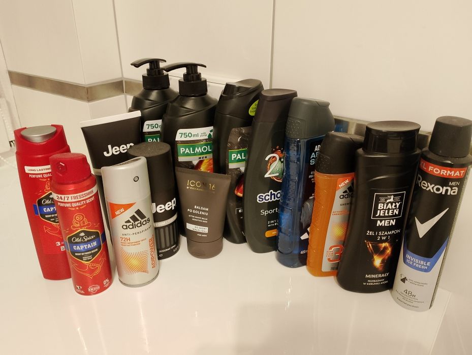 Zestaw kosmetyków jeep, palmolive, adidas itd