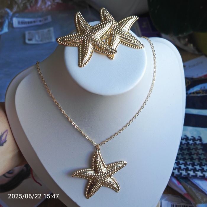Nowy komplet naszyjnik łańcuszek wisiorek kolczyki rozgwiazdy złoty