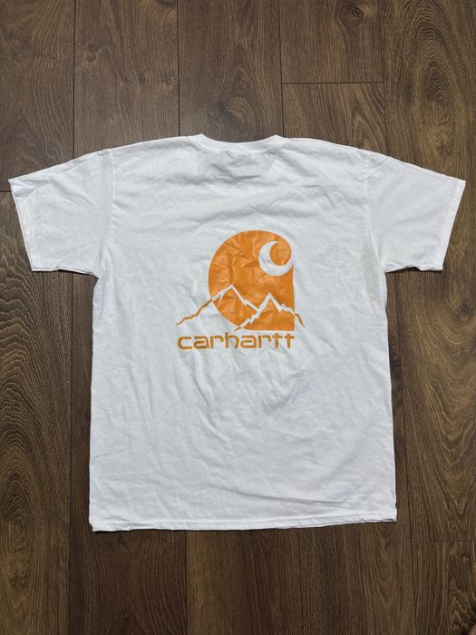Футболка Carhartt біла з великим помаранчевим логотипом Mountain унісекс Streetwear Oversize Casual